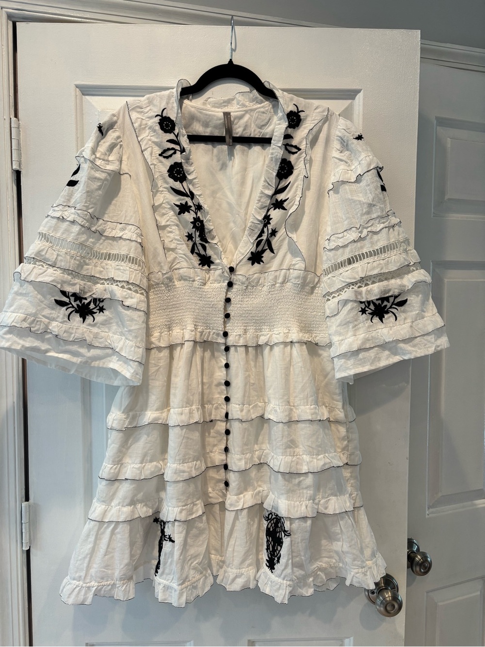 Anthropologie Embroidered V-Neck Ruffle Mini Dress - White/Black - Size XL